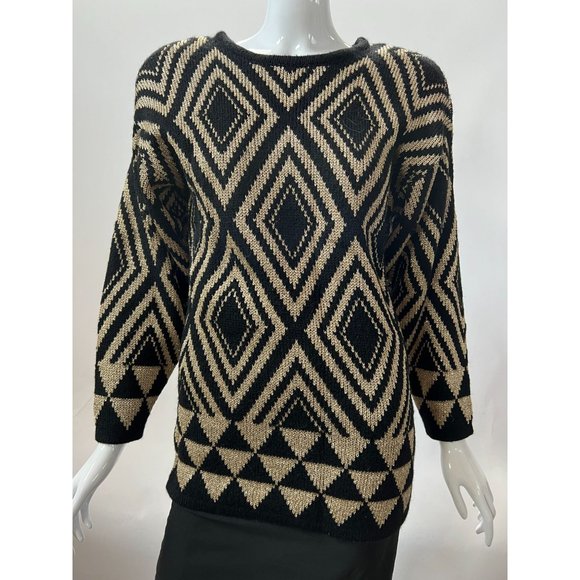Destinee Vintage Abstract Tunic Sweater  Small Black, Gold Wool Blend - Picture 1 of 16